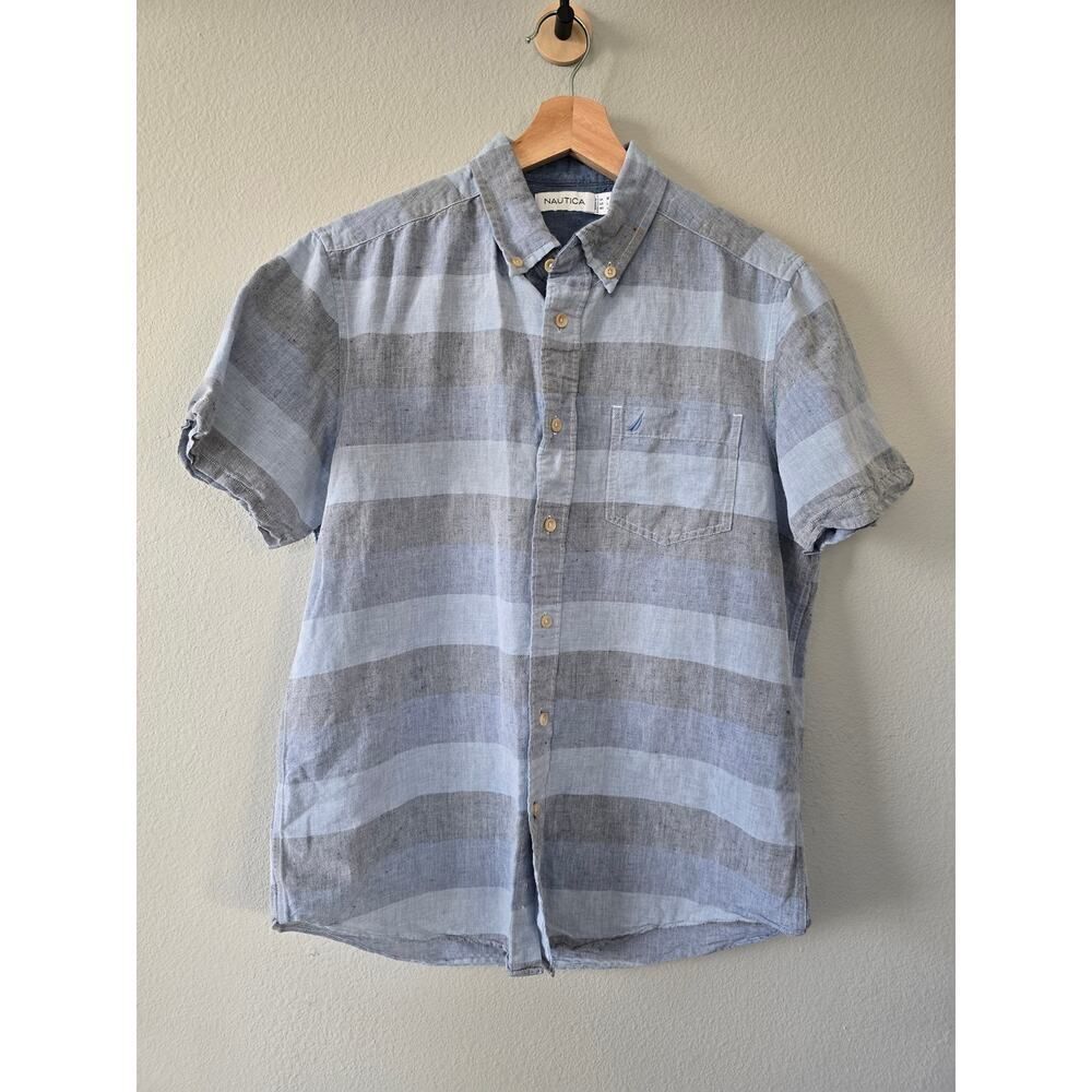 Nautica Men’s Linen Blend Button‑Down Shirt Size M Light Blue Striped Casual